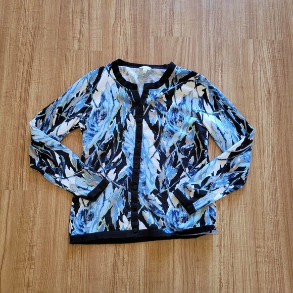 Talbots Cardigan Sweater Top Womens Small Blue Beige Floral Pima Cotton Career - Picture 2 of 10